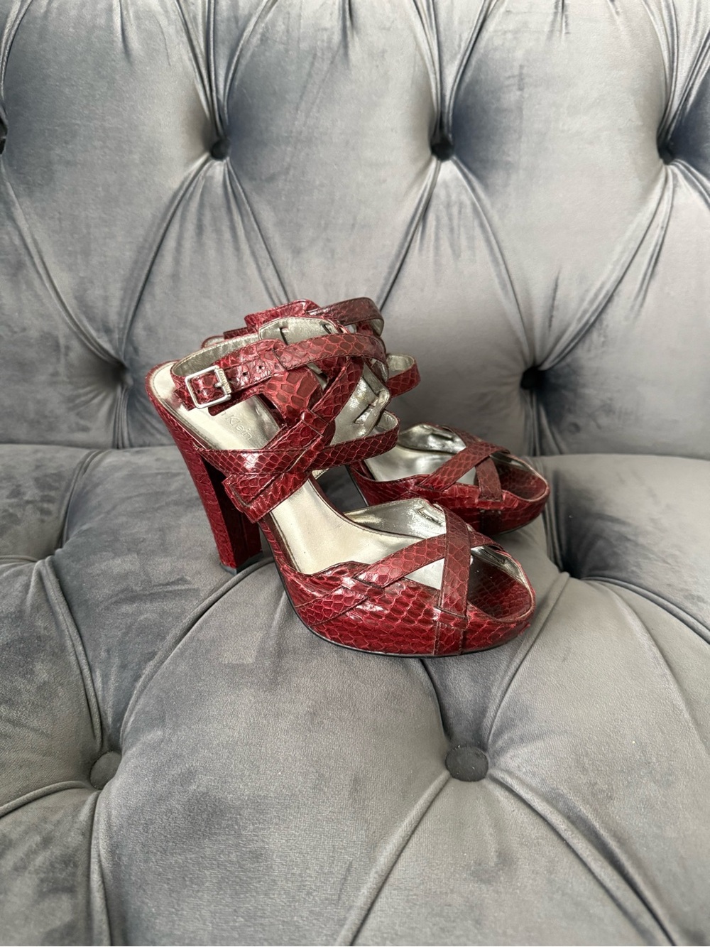 Calvin Klein Burgundy Faux-Snakeskin Strappy Heels